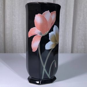 Vintage 80s Toyo Ceramic Flower Vase Black Gold Trim White & Pink Flower 3" X 8"